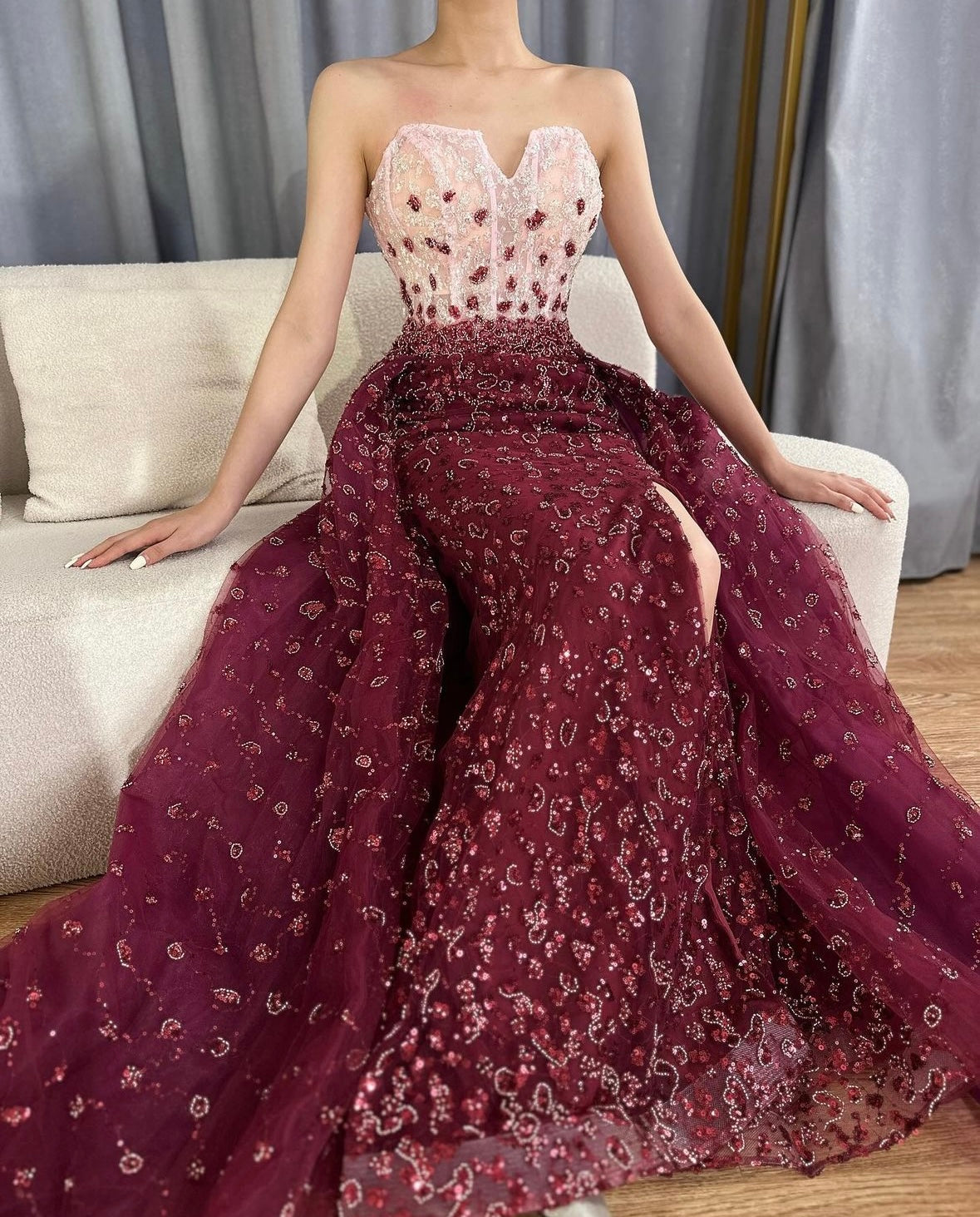 Elegant Burgundy-Blue Ball Gown with Embellished Corset