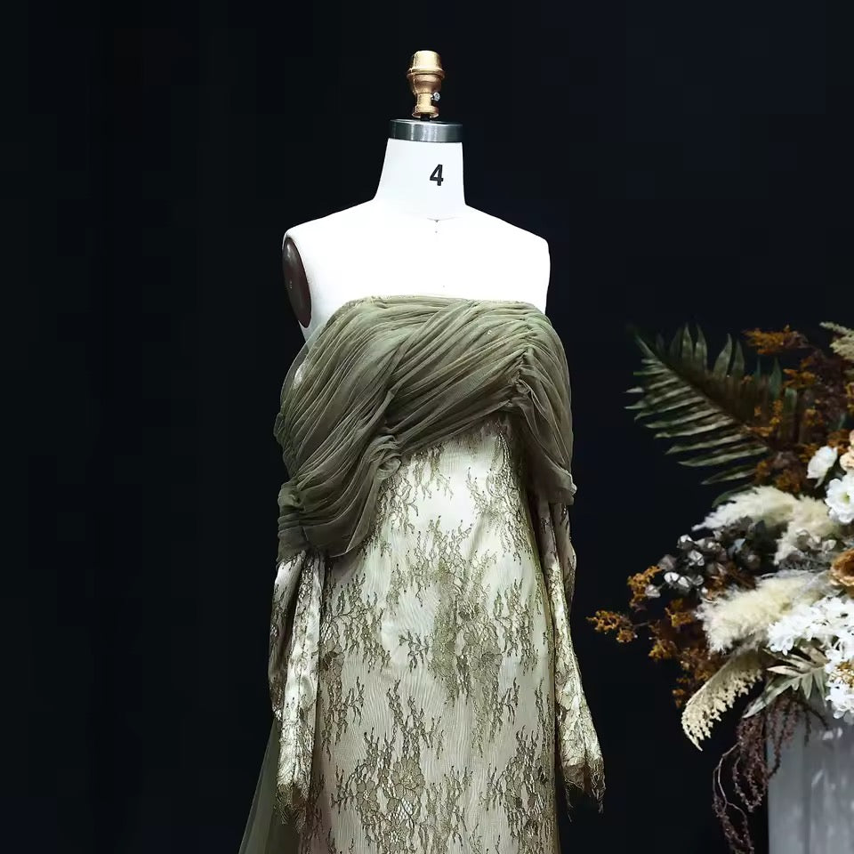 Draped Tulle & Lace Gown with Sheer Flow Cape