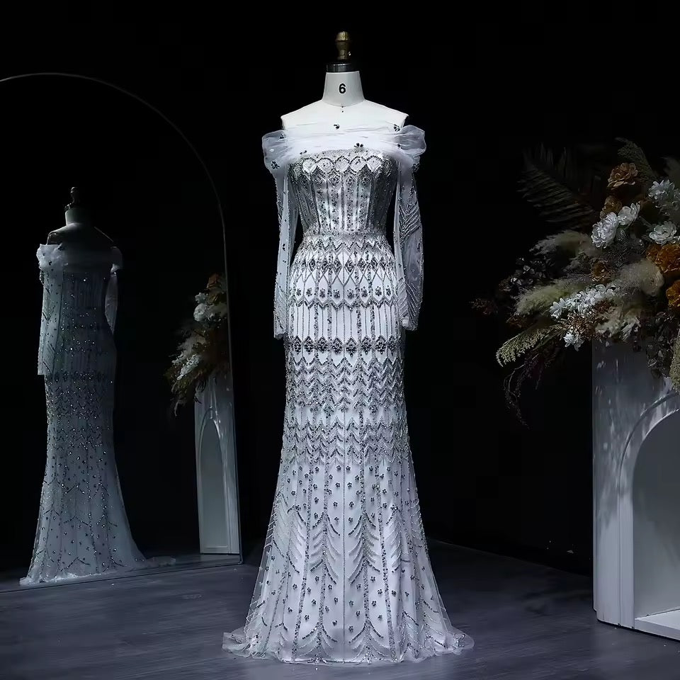 Crystal Glow” Gown – Off-shoulder embellished evening dress, available in two sleeve styles