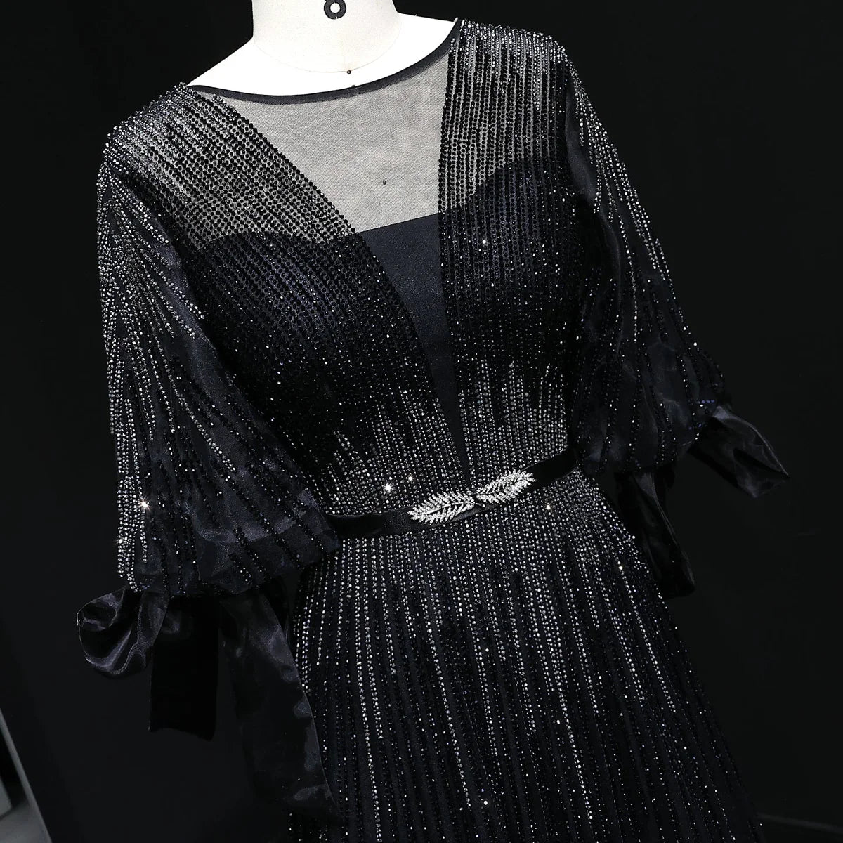 “Lumière Grace” Gown with Draped Sleeves and Vertical Crystal Beading