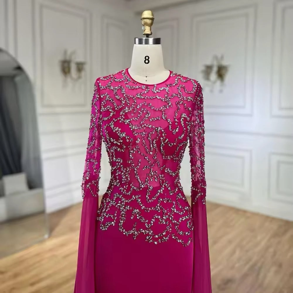 Fuchsia Mermaid Evening Dress, Beaded with Elegant Cape Sleeves