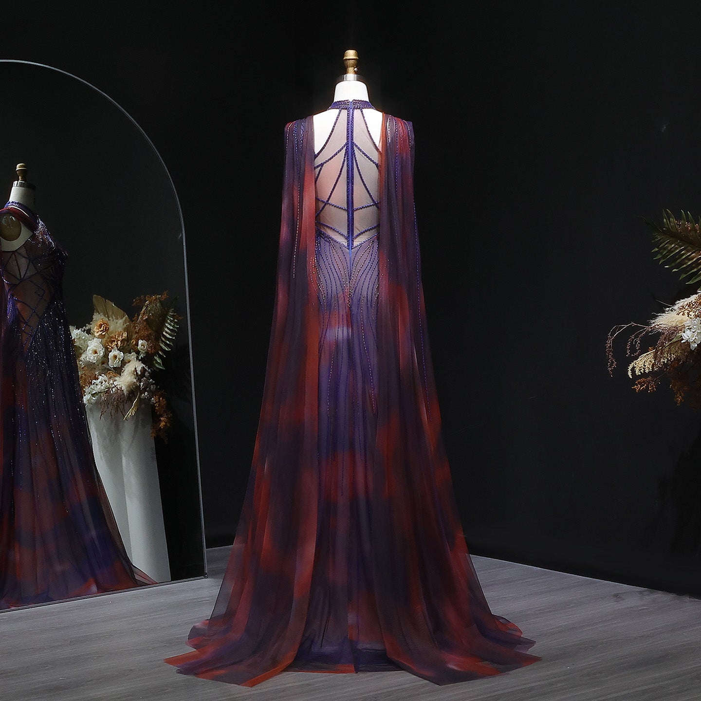 “Sunset Glow” Gown Hand Embroidered Luxury Dress in Violet & Fire Tones with Flowing Cape