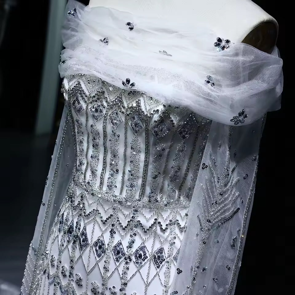Crystal Glow” Gown – Off-shoulder embellished evening dress, available in two sleeve styles