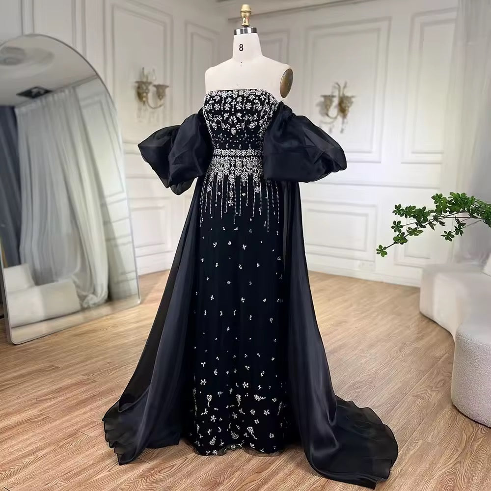 Black Puff Sleeves Evening Dress Gowns Beaded