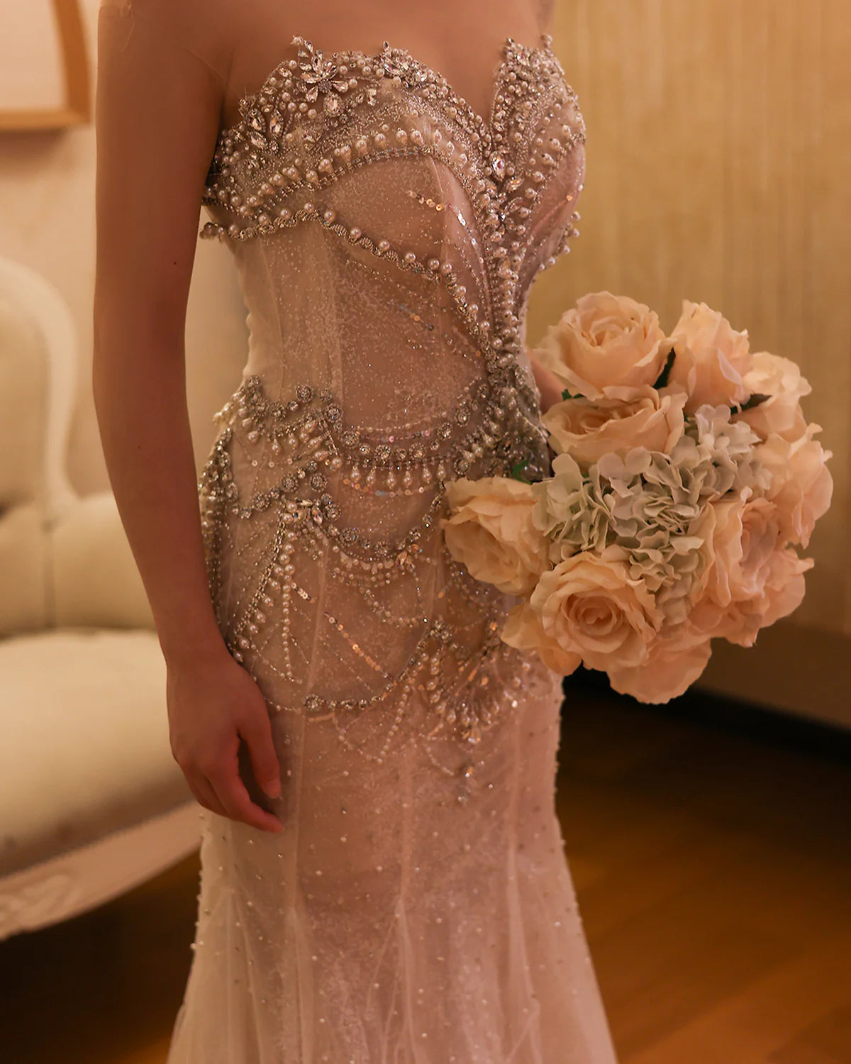 Luxury Crystal Pearls White Nude Mermaid Wedding Dress