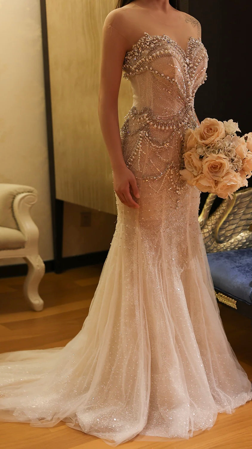 Luxury Crystal Pearls White Nude Mermaid Wedding Dress