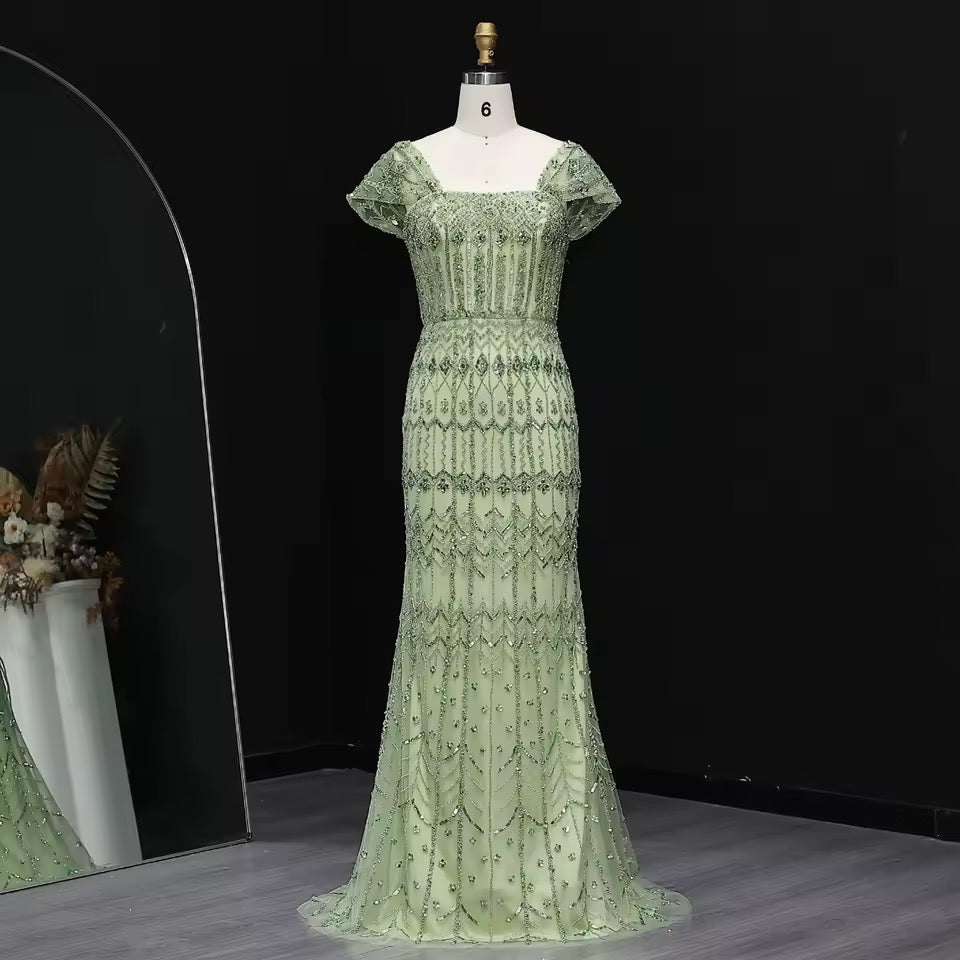 Crystal Glow” Gown – Off-shoulder embellished evening dress, available in two sleeve styles