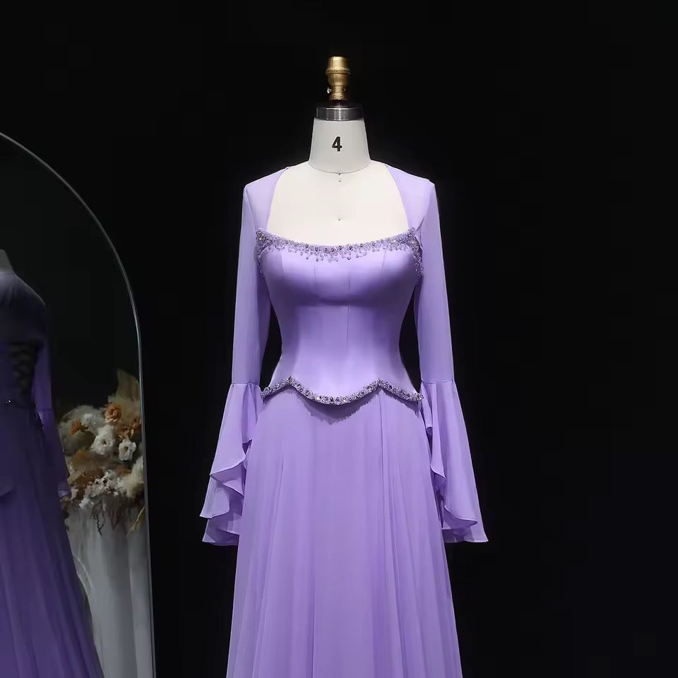 Lavender dress with flowy sleeves and soft crystal embroidery