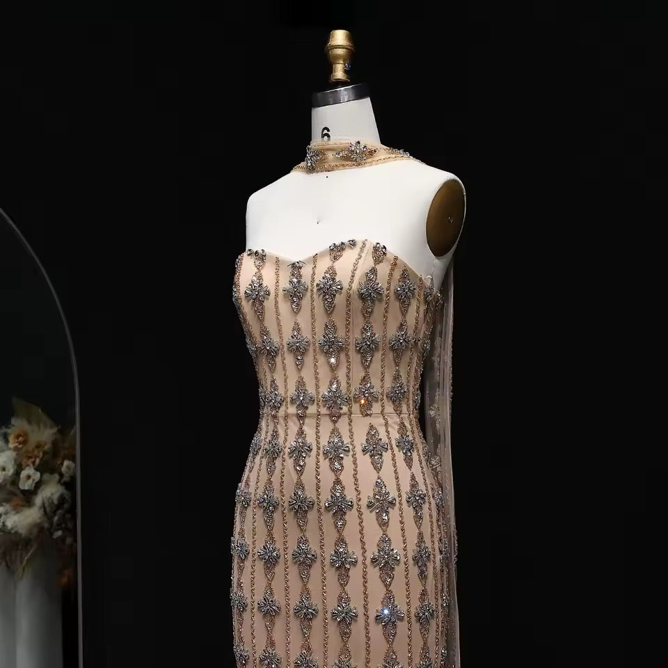 Nude Fitted Gown with Crystal Floral Embellishments and Shawl