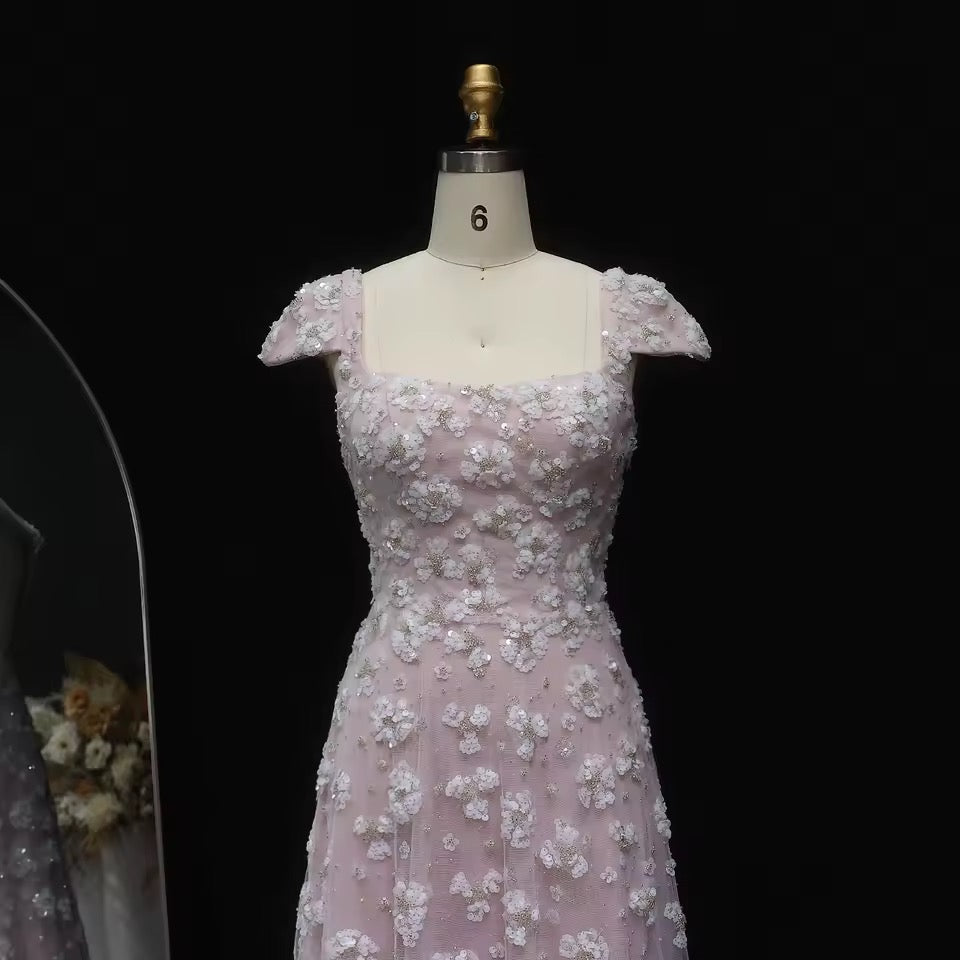 “Rose Dew” Gown – Soft Pink with 3D Floral Embroidery