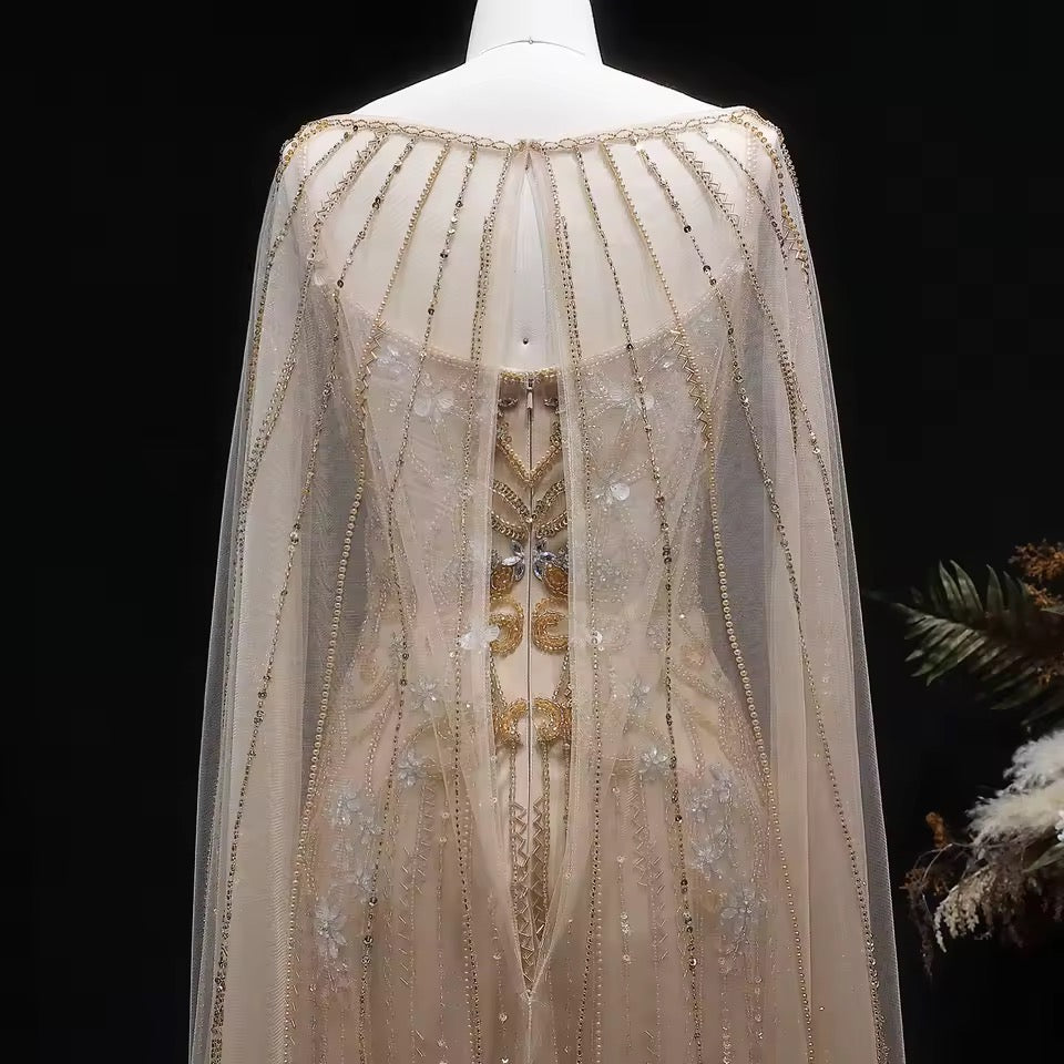 Luxury Champagne Crystal Evening Gown with Sheer Cape