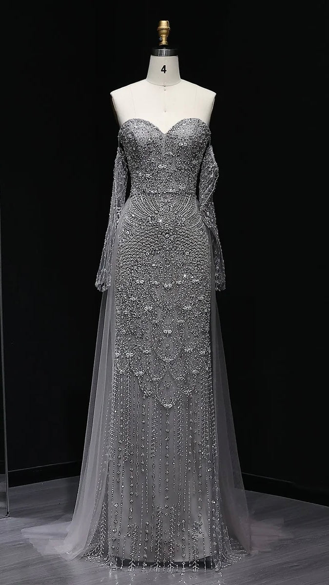“Silver Cascade” Beaded Gown with Draped Crystal Sleeves and Matching Overlay