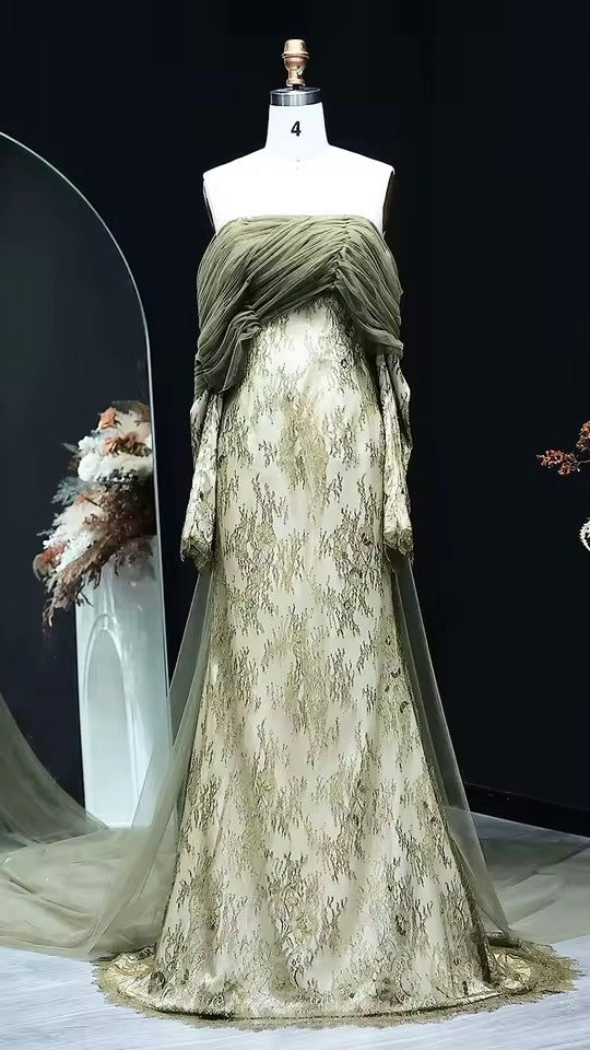 Draped Tulle & Lace Gown with Sheer Flow Cape
