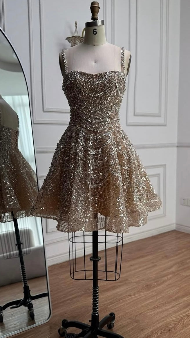 Luxury Nude Crystal A-Line Short Sparkly Cocktail Party Dress