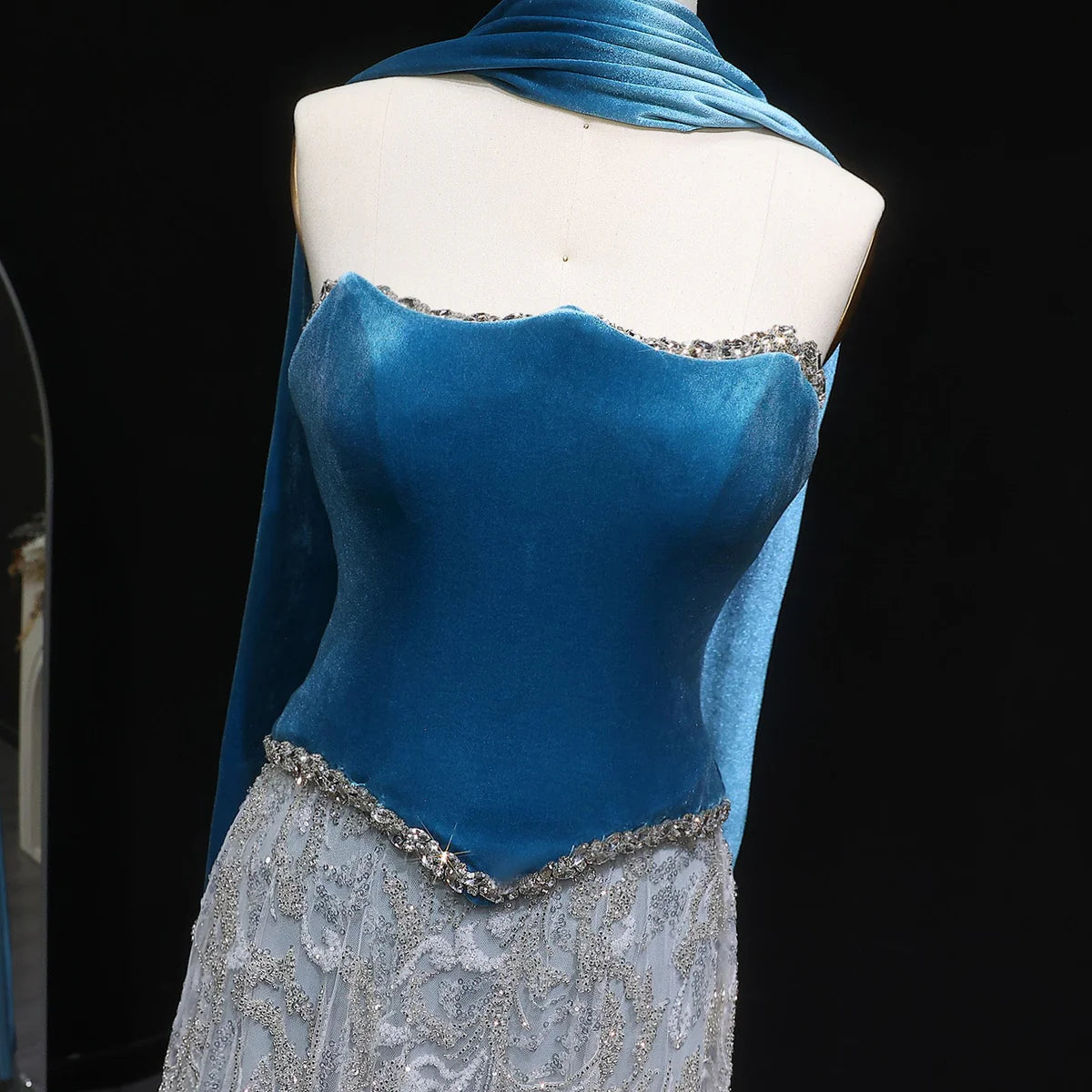 Gown with Velvet Corset & Flowing Scarf Drape