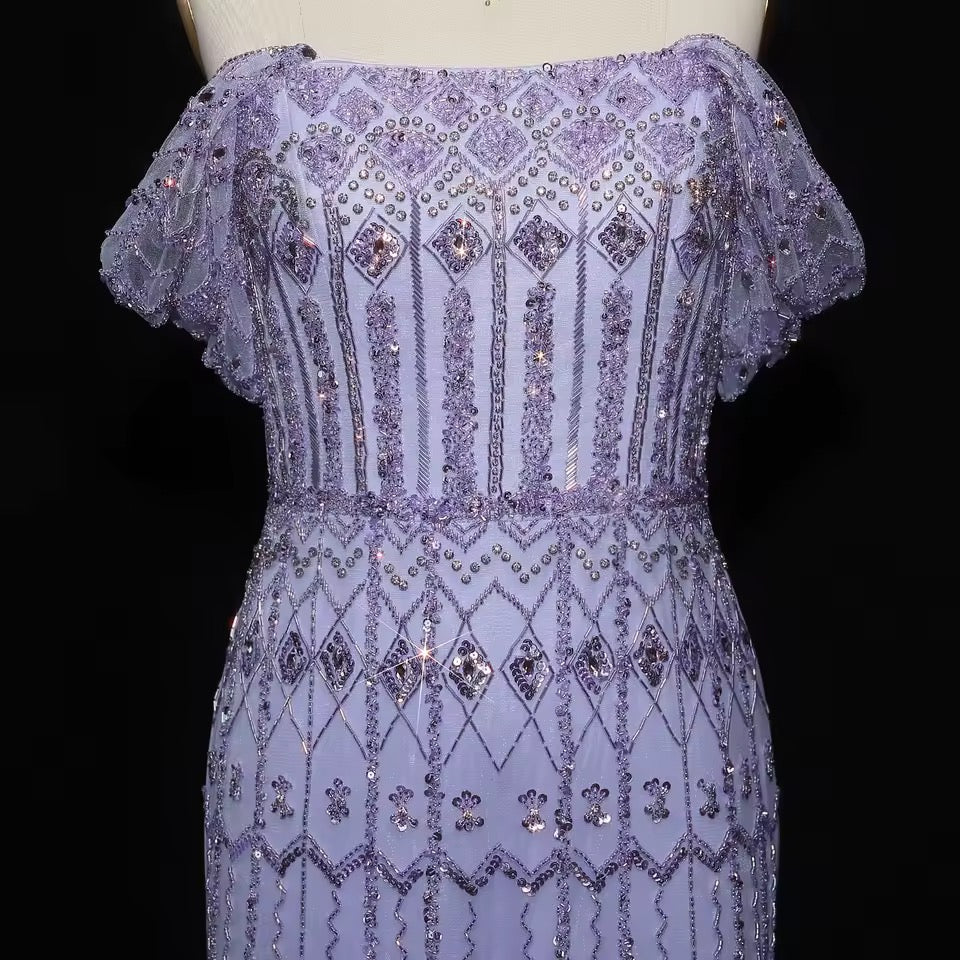 Crystal Glow” Gown – Off-shoulder embellished evening dress, available in two sleeve styles