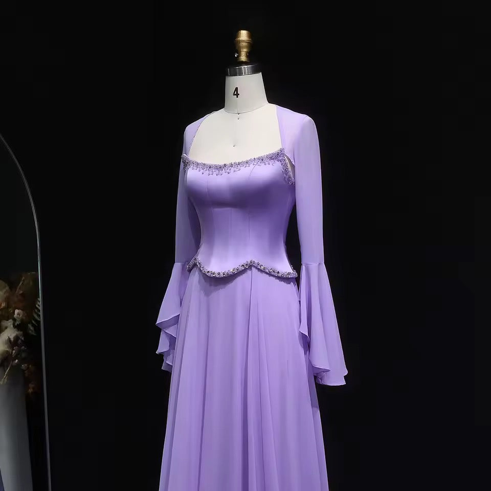 Lavender dress with flowy sleeves and soft crystal embroidery