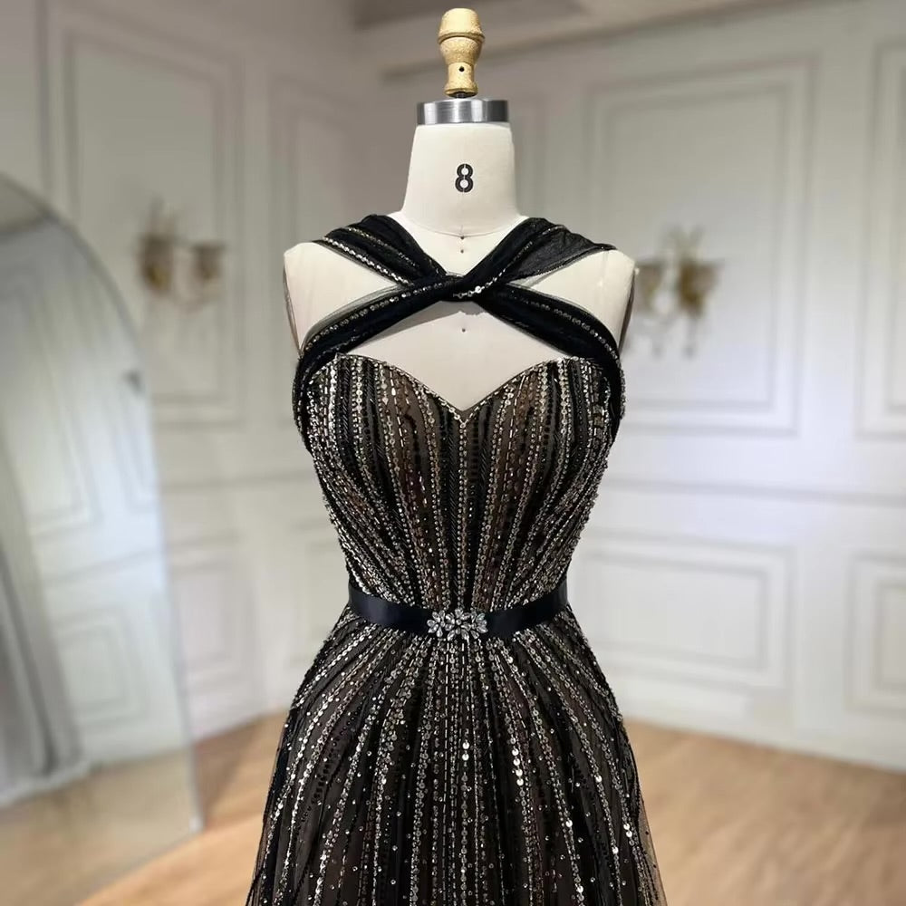 Black Sleeveless A-Line Luxury Beaded Evening Dresses