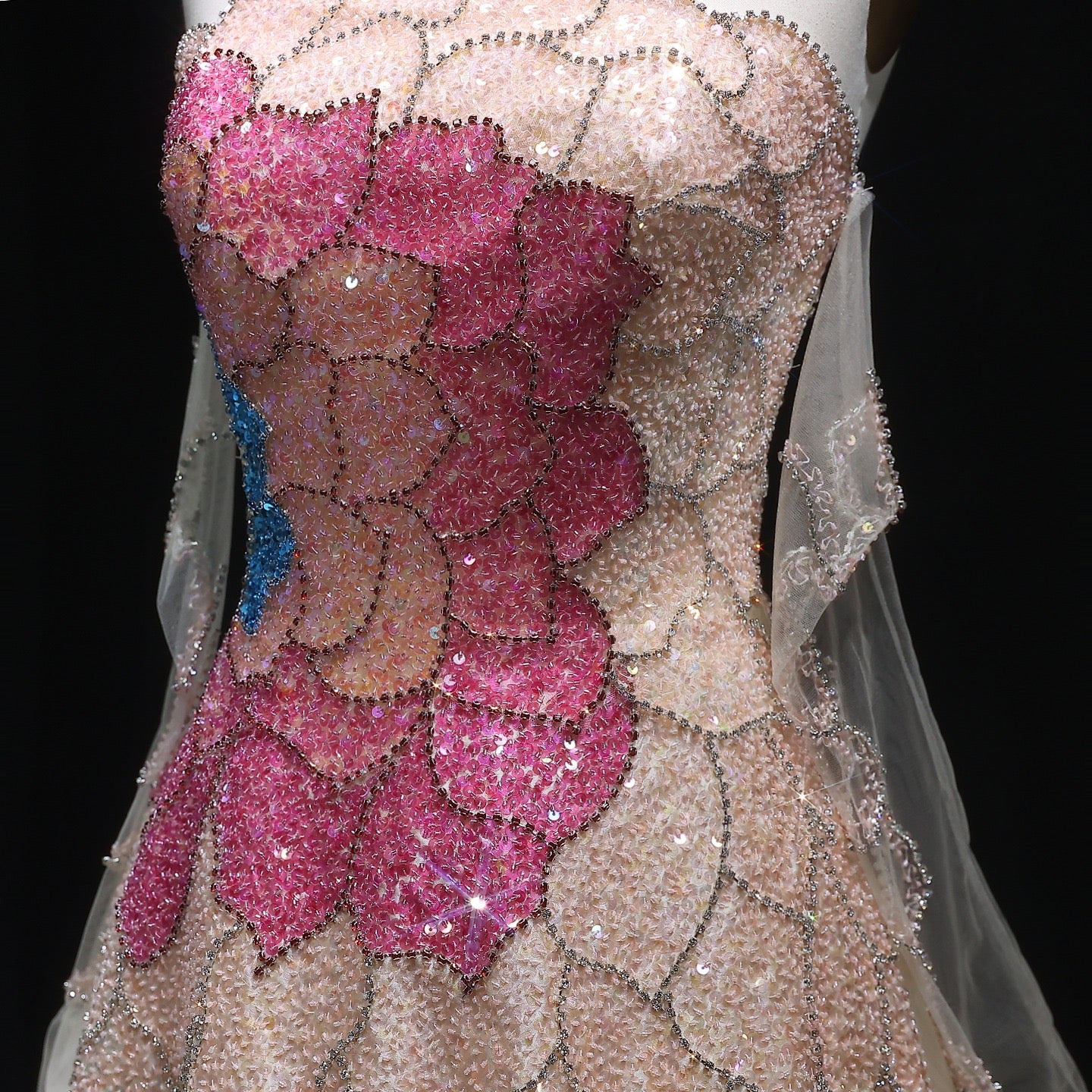 Elegant Satin A-Line Gown – Strapless Floral Beaded Bodice with Sheer Gloves