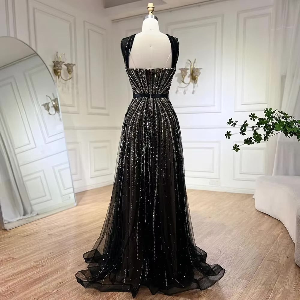Black Sleeveless A-Line Luxury Beaded Evening Dresses