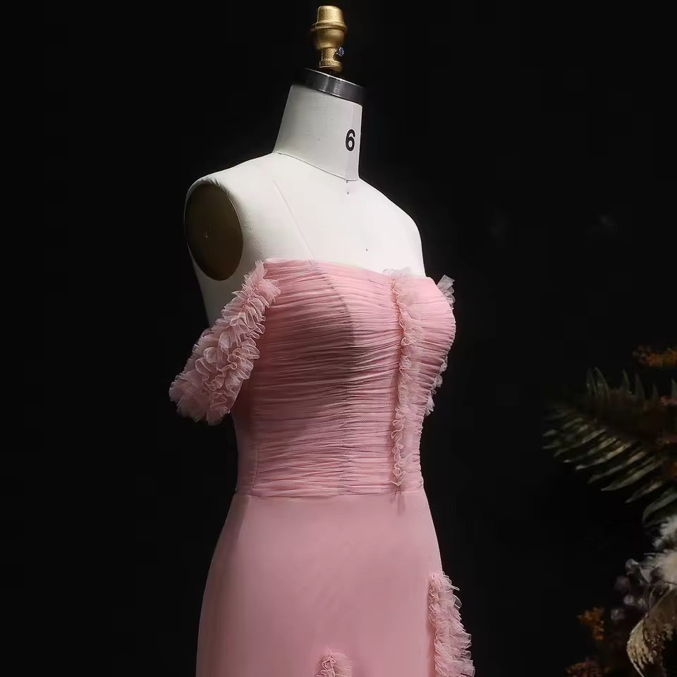Pink tulle dress with soft pleated embroidery and feminine off-shoulder design