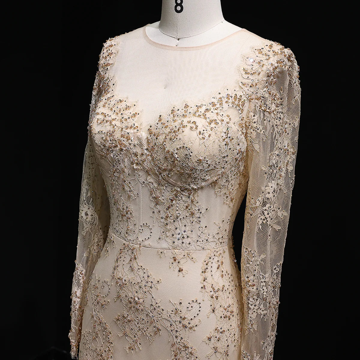 “Lace Elegance” Gown – Beaded Gold Embroidery in Mermaid Silhouette