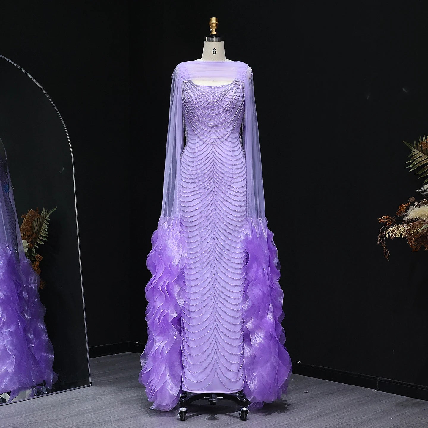 Luxury Beading Purple Evening Dress with Cape Sleeves