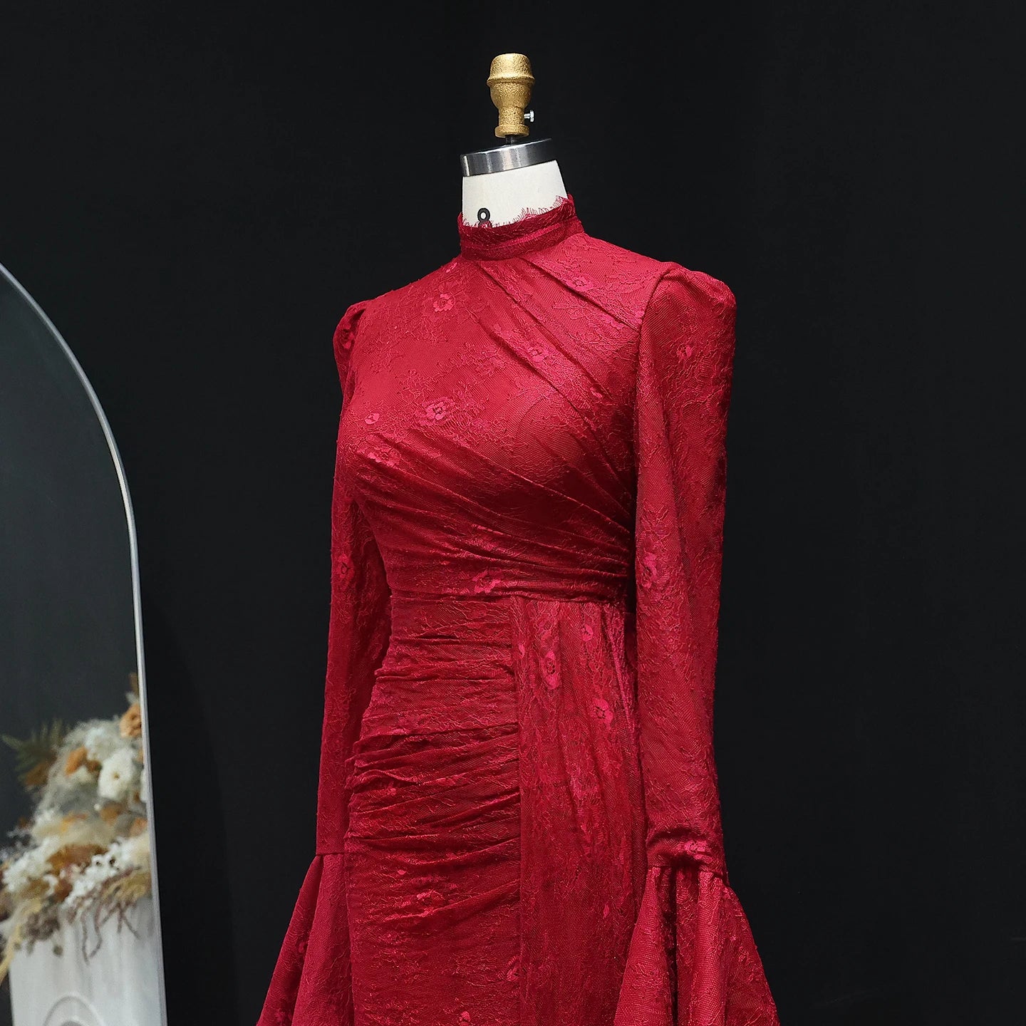 Burgundy High Neck Evening Dress with Lace Long Flare Sleeves