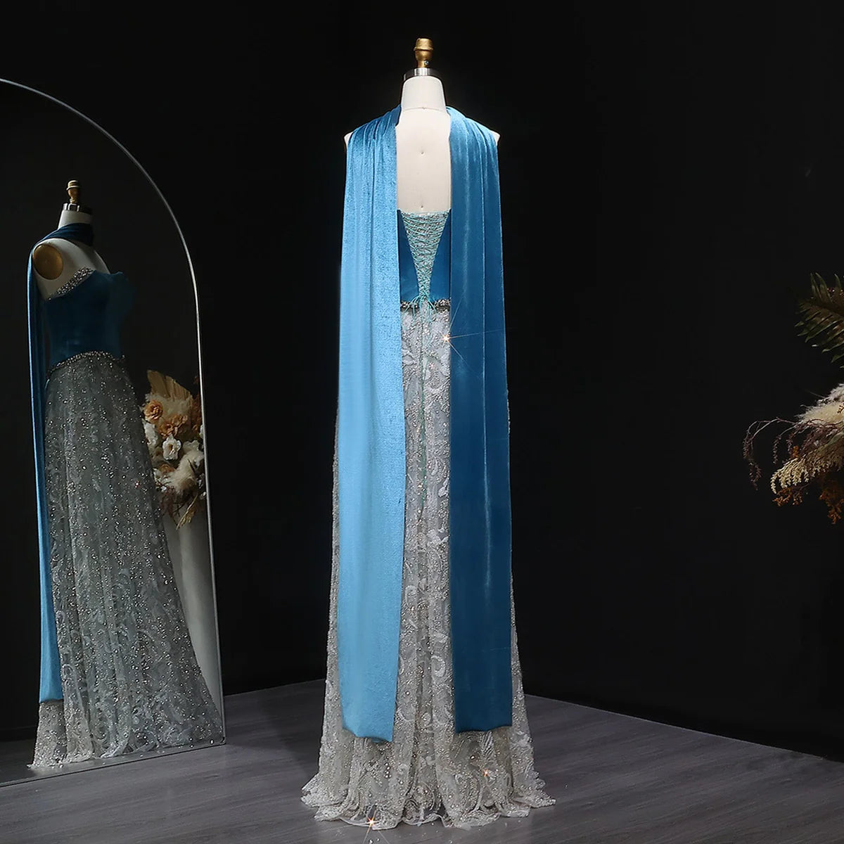 Gown with Velvet Corset & Flowing Scarf Drape