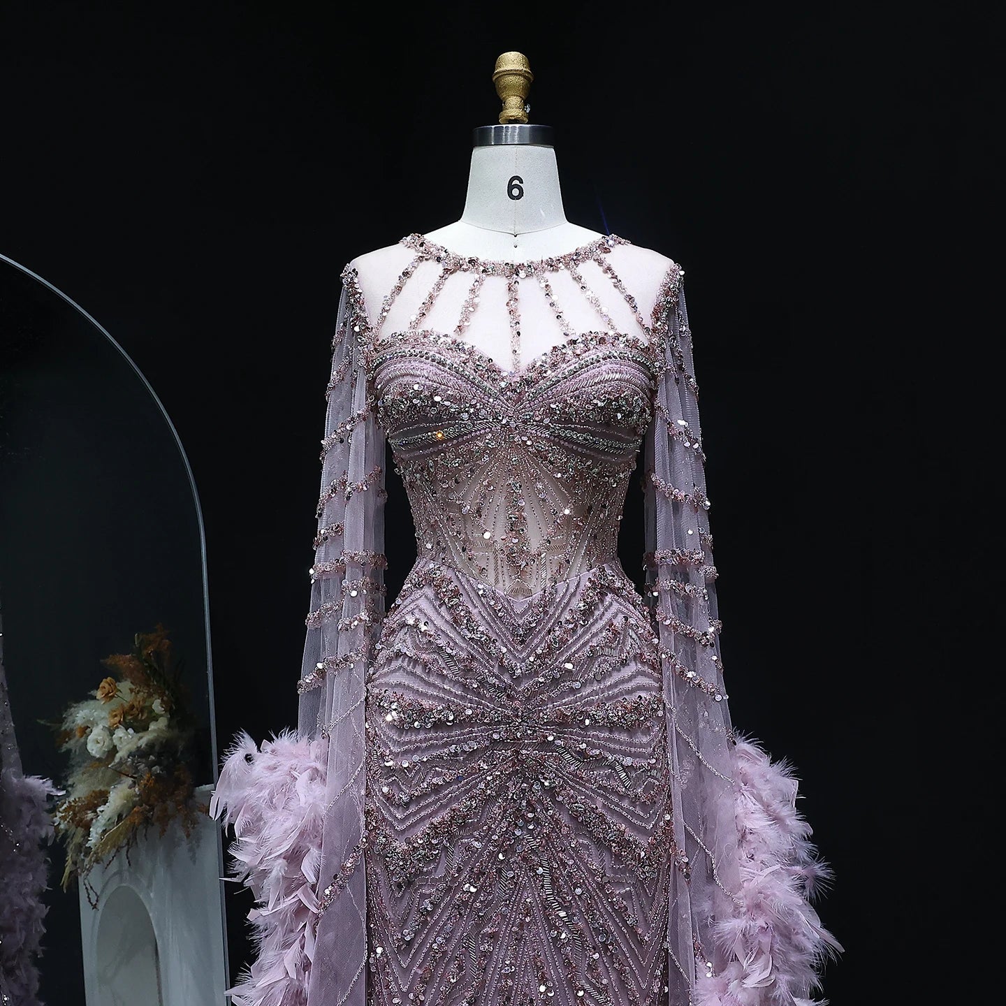Luxury Caramel Beaded Mermaid Evening Dress with Feather Cape Sleeves
