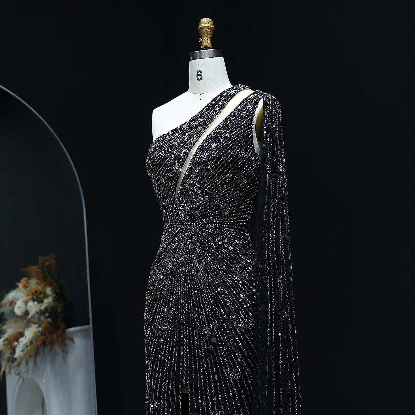 Radiant One-Shoulder Beaded Evening Gown – Elegant Slit Formal Dress