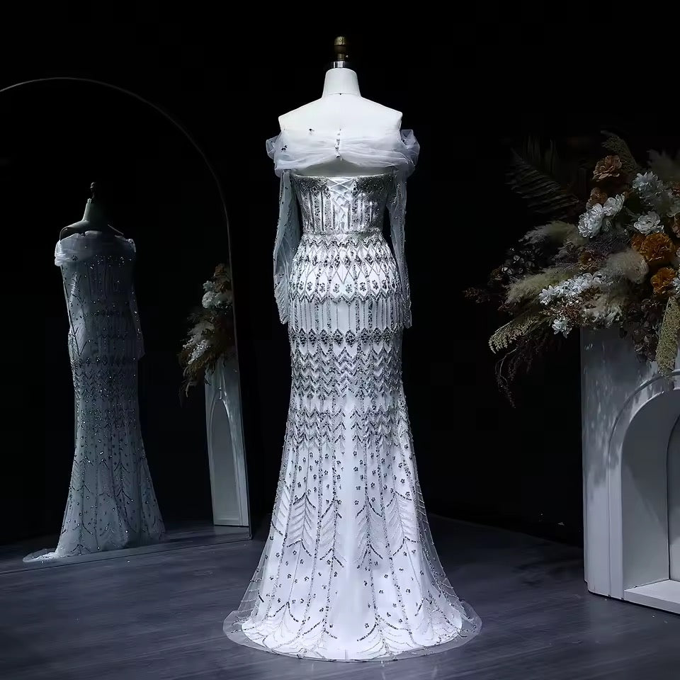 Crystal Glow” Gown – Off-shoulder embellished evening dress, available in two sleeve styles