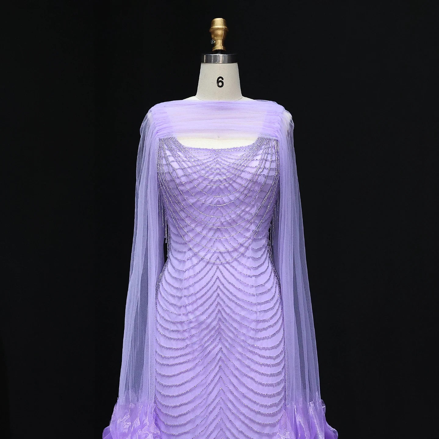 Luxury Beading Purple Evening Dress with Cape Sleeves