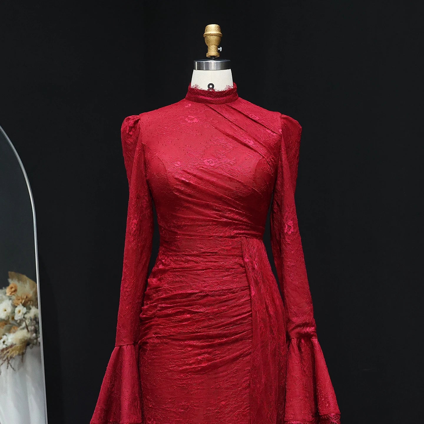 Burgundy High Neck Evening Dress with Lace Long Flare Sleeves