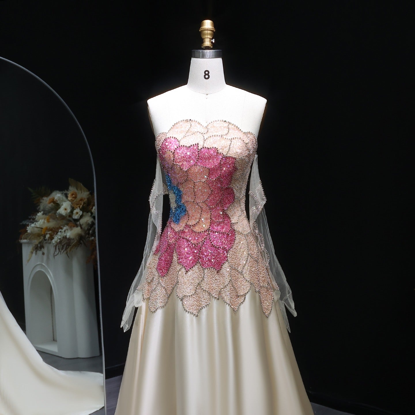 Elegant Satin A-Line Gown – Strapless Floral Beaded Bodice with Sheer Gloves