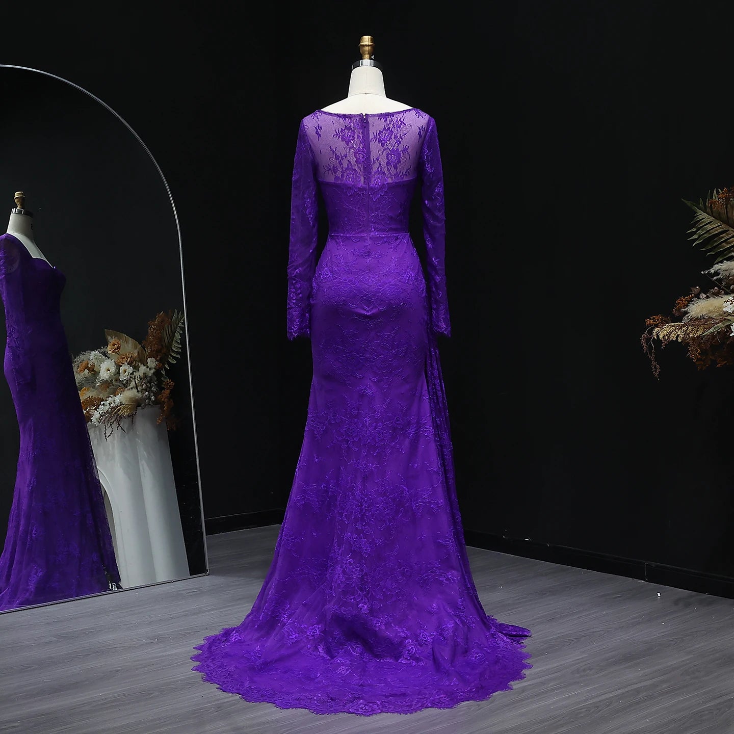 Purple Lace Pleated with Long Sleeves Side Slit