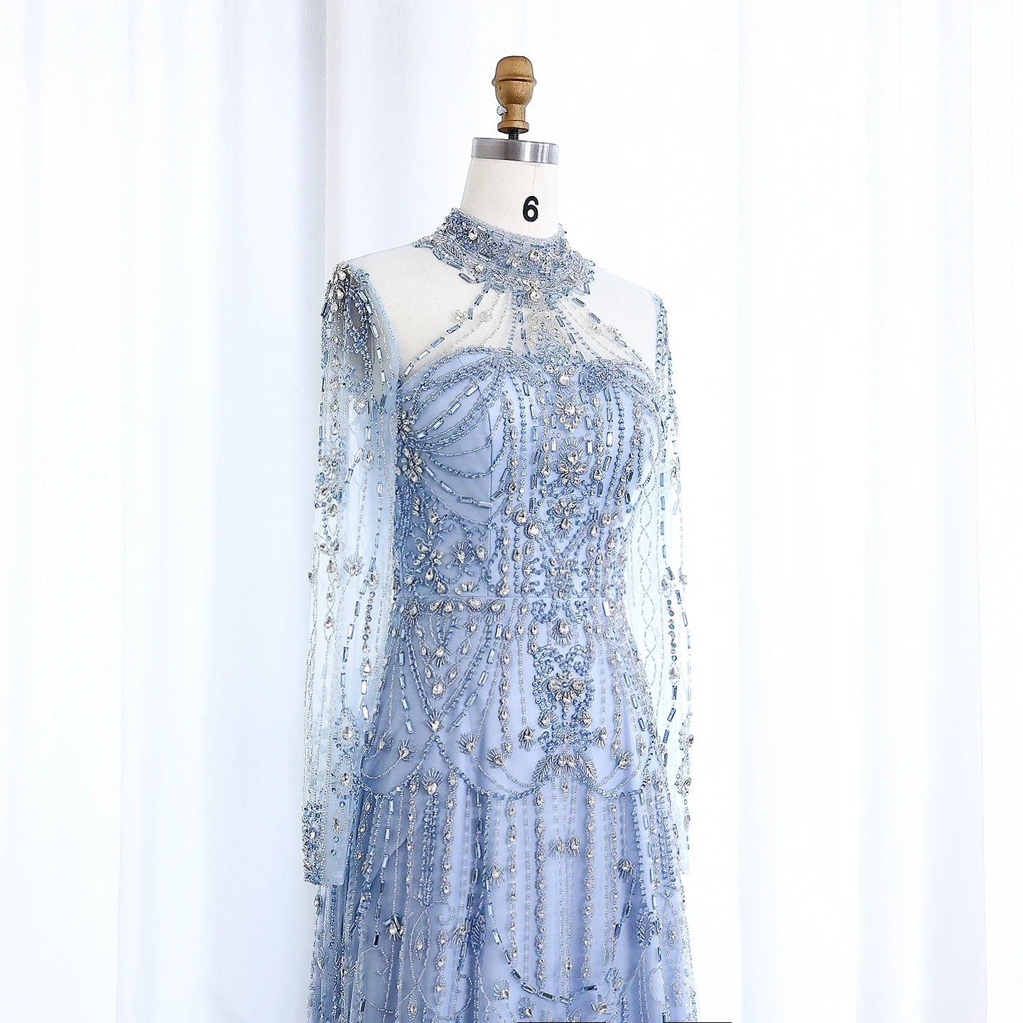 Blue Long Sleeves High Neck Luxury Evening Dress