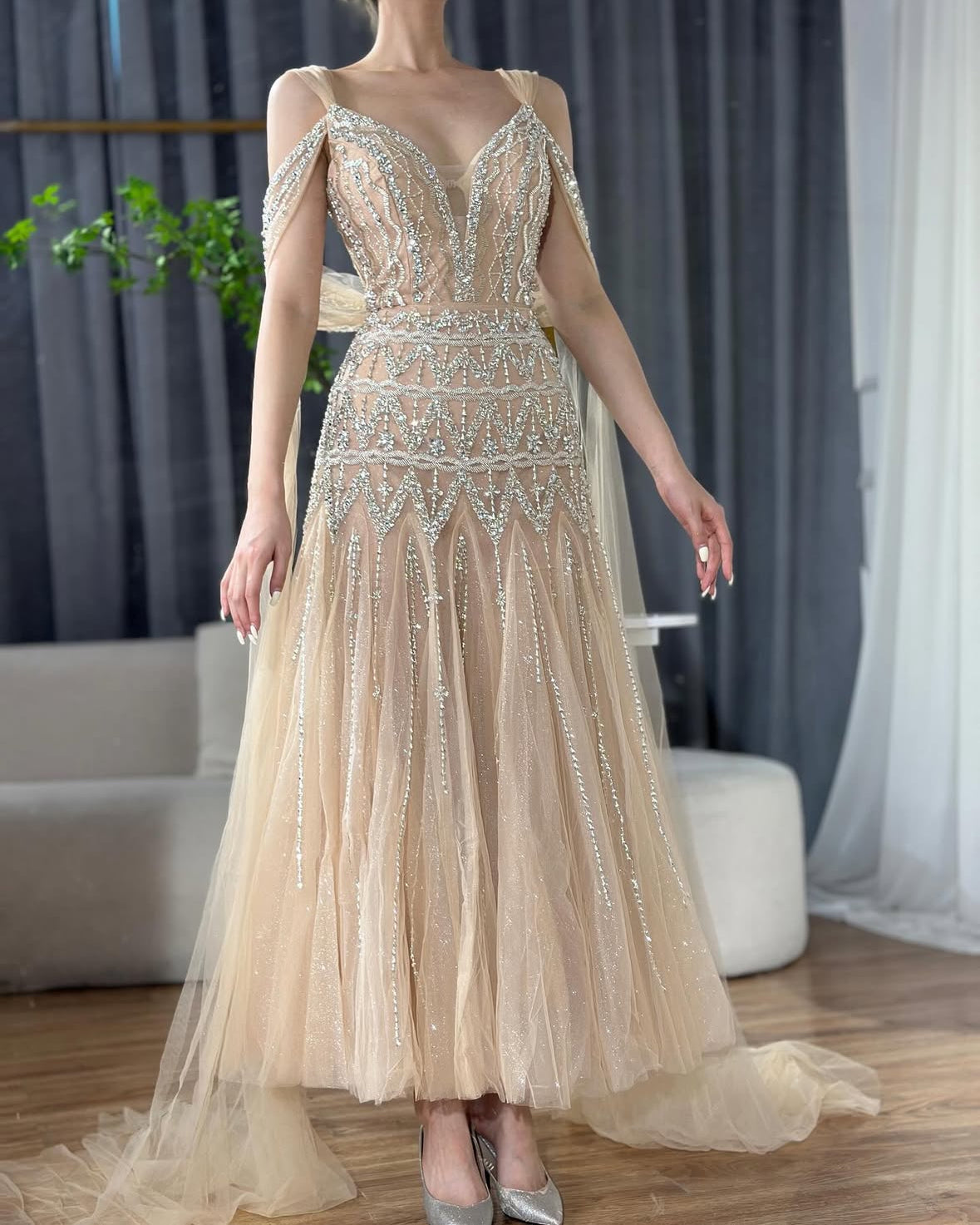 Nude chiffon midi dress