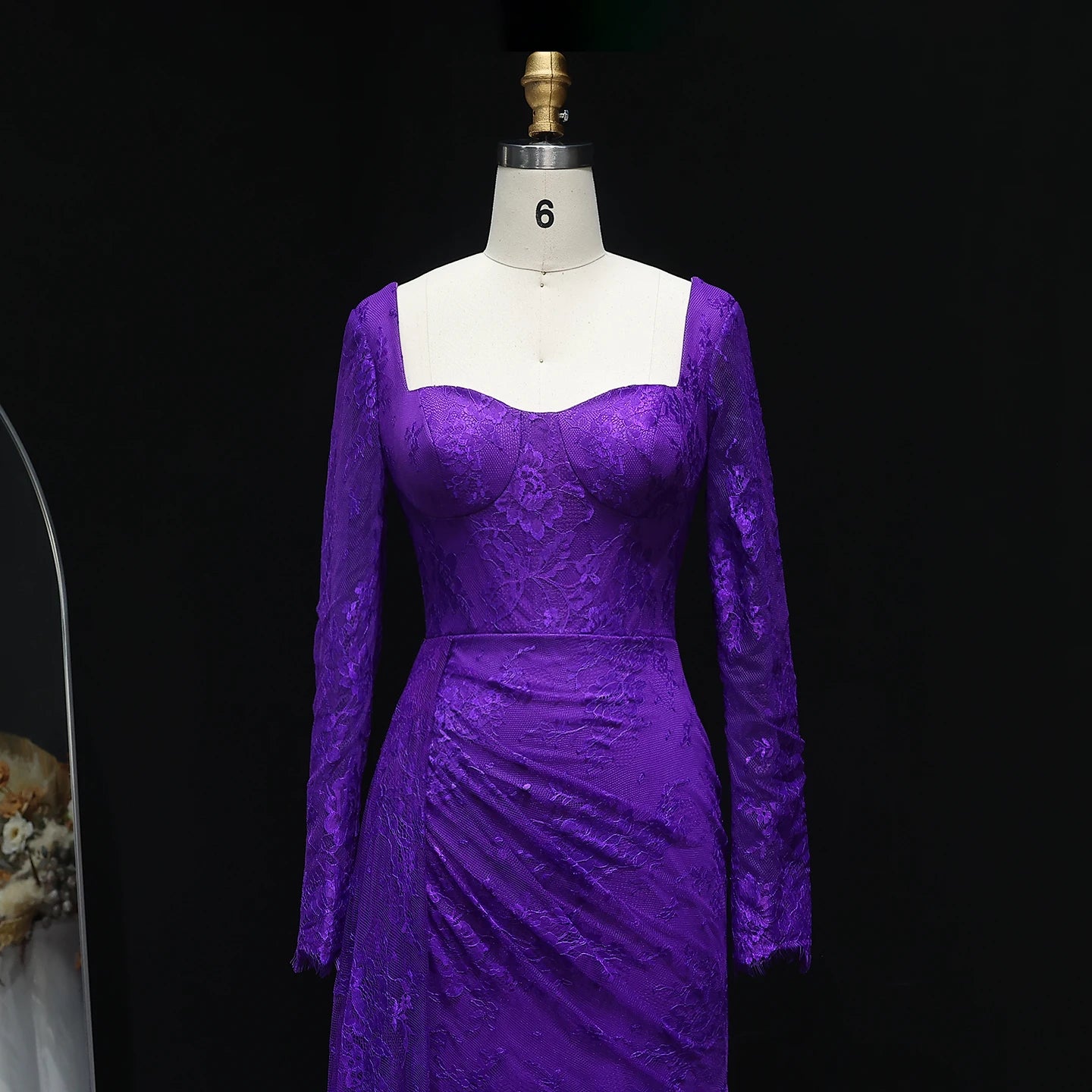 Purple Lace Pleated with Long Sleeves Side Slit