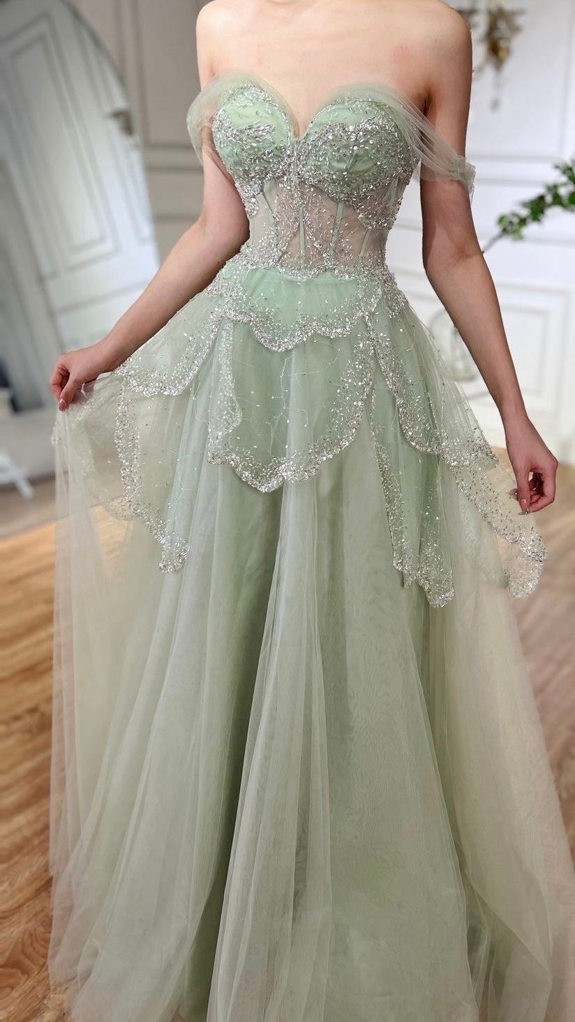 A-Line Elegant Spaghetti Strap Luxury Beaded Evening Dress