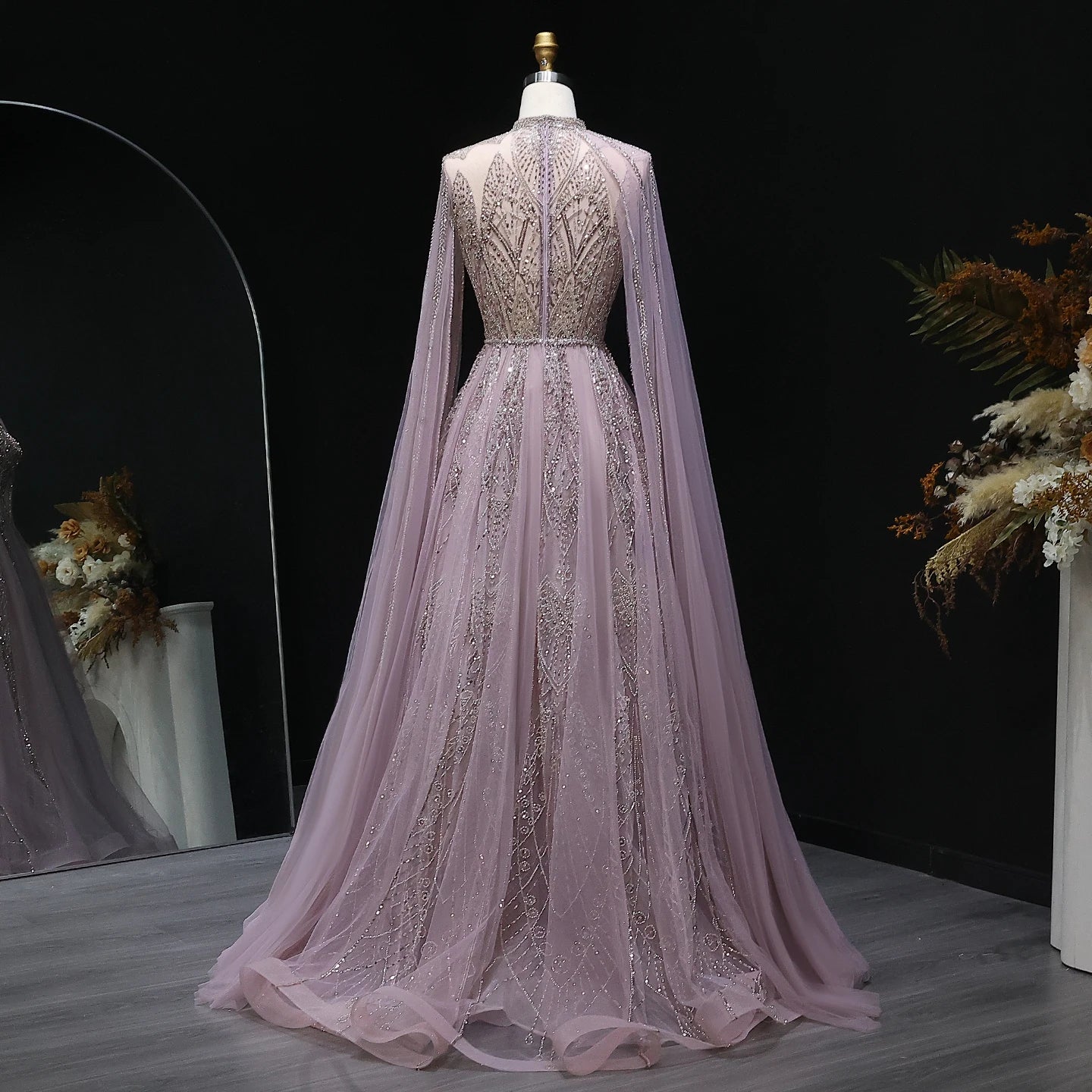 Luxury Evening Dress with Cape Sleeves Brown
