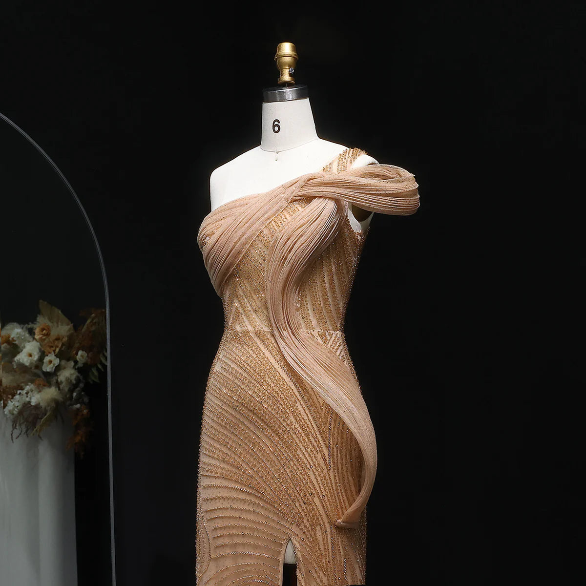 “Desert Glow” Gown – Sculpted Design with Golden Beading