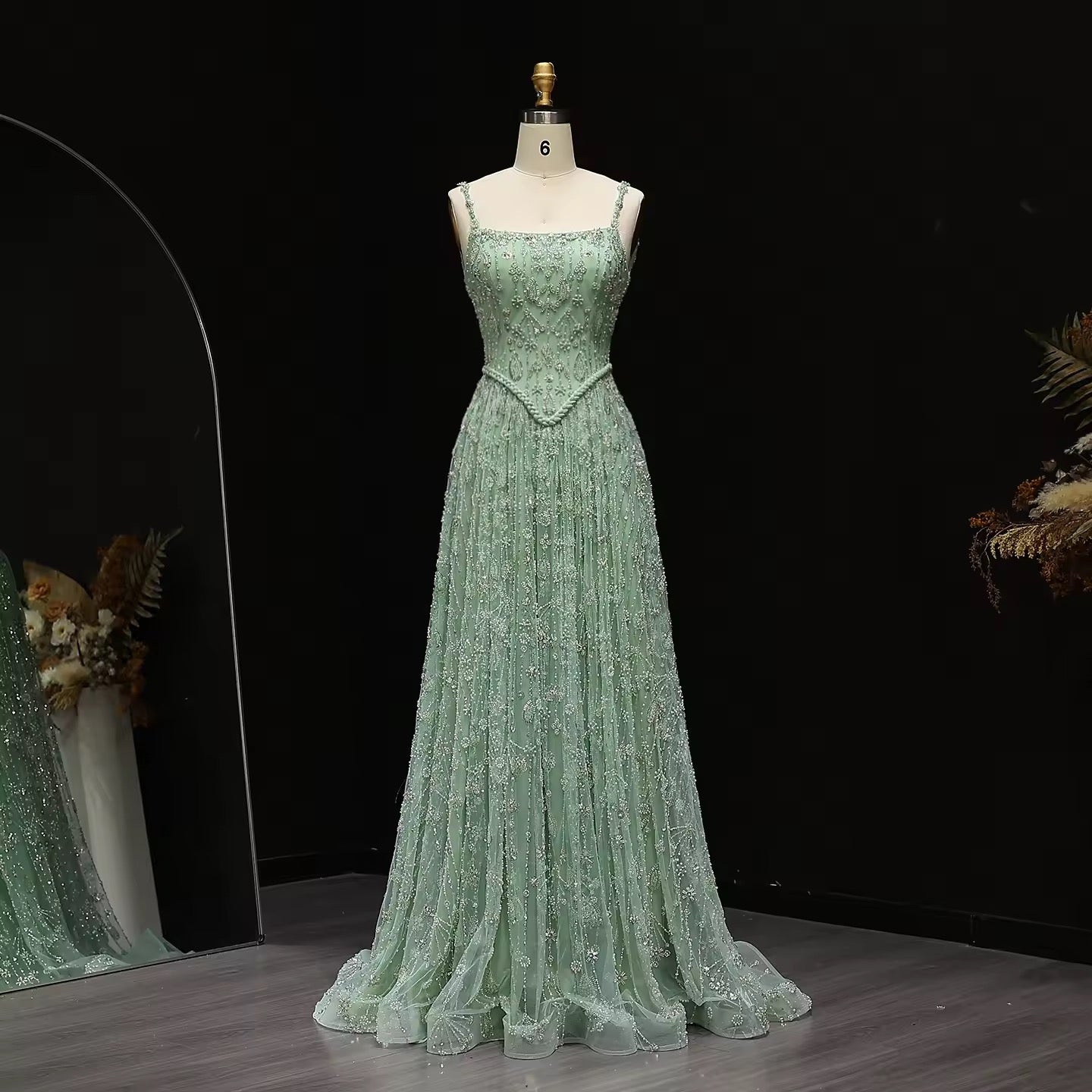 Fully Embroidered Evening Gown with Luxurious Beading and Sparkling Finish – Lace-Up Back Design