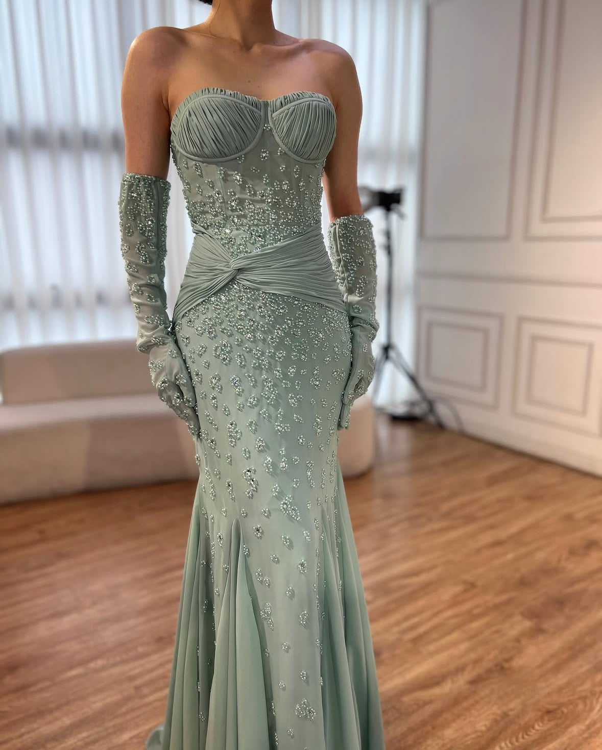 Sage Green Embellished Gown with Coordinated Gloves
