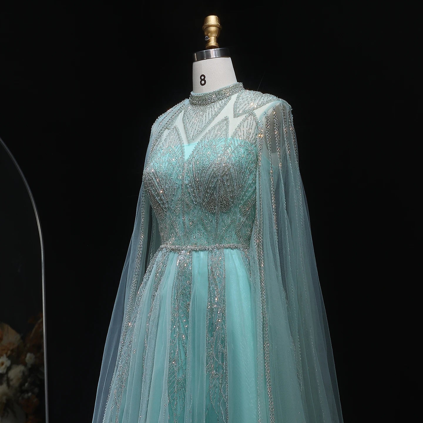 Luxury Evening Dress with Cape Sleeves Brown
