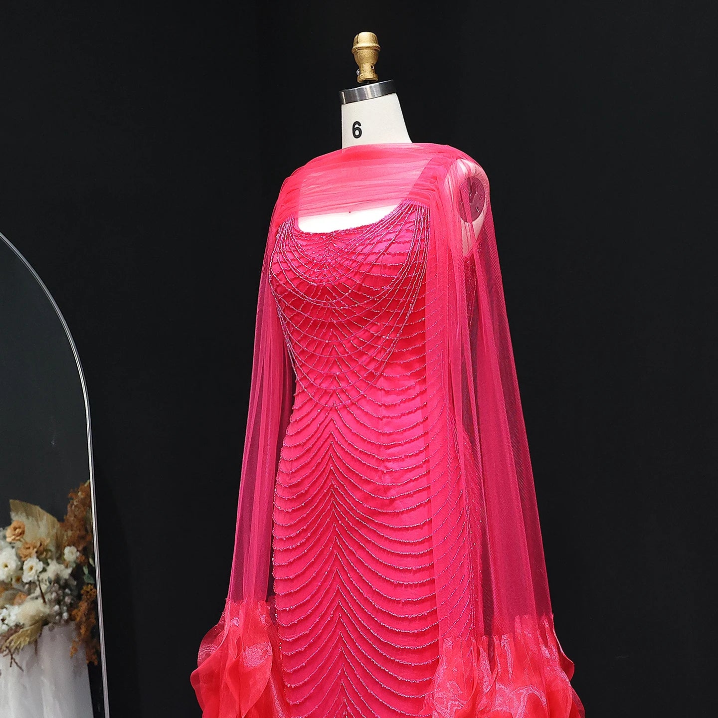 Luxury Beading Purple Evening Dress with Cape Sleeves