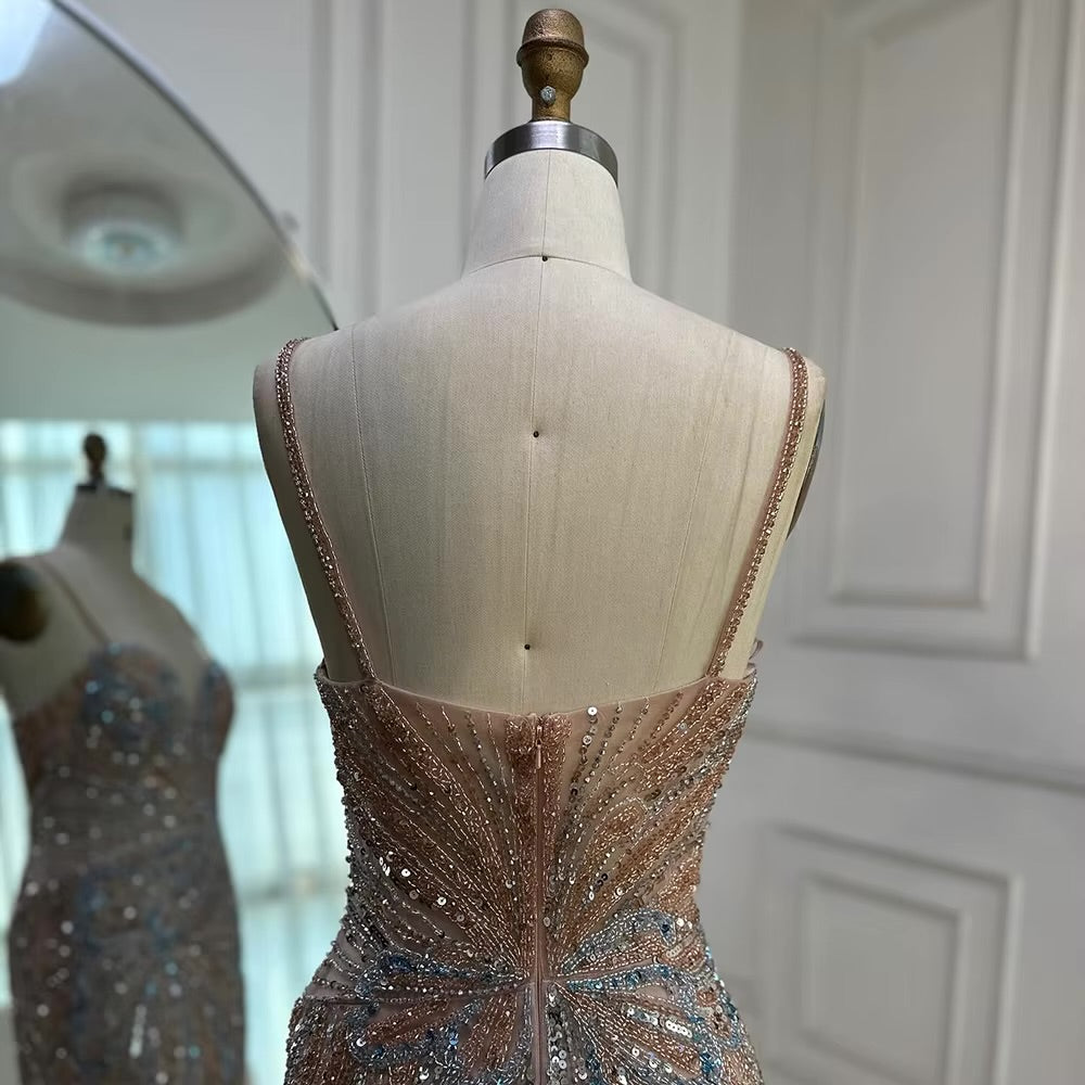 Beaded Evening Gown Available in Emerald Green & Nude