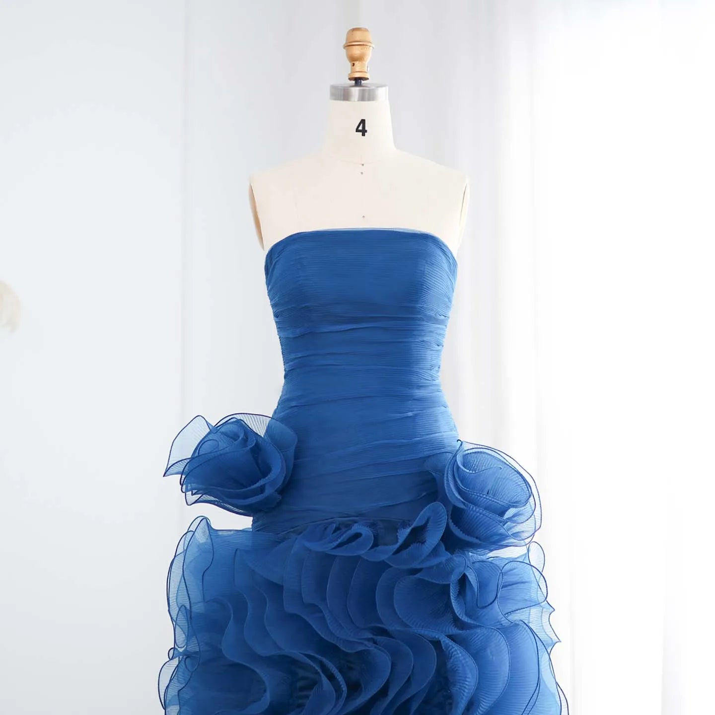 Blue Strapless Princess Evening Dress with Ruffles
