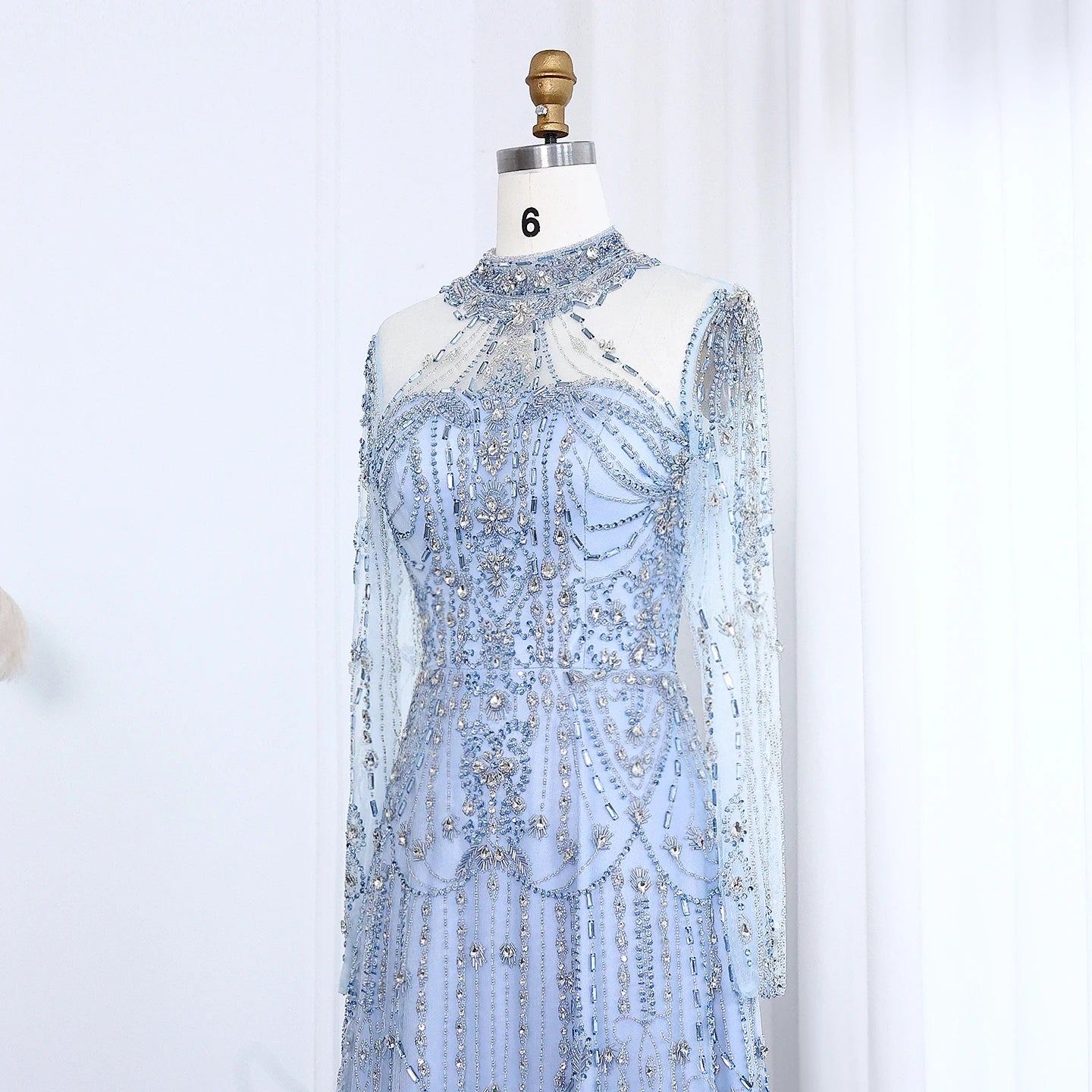 Blue Long Sleeves High Neck Luxury Evening Dress