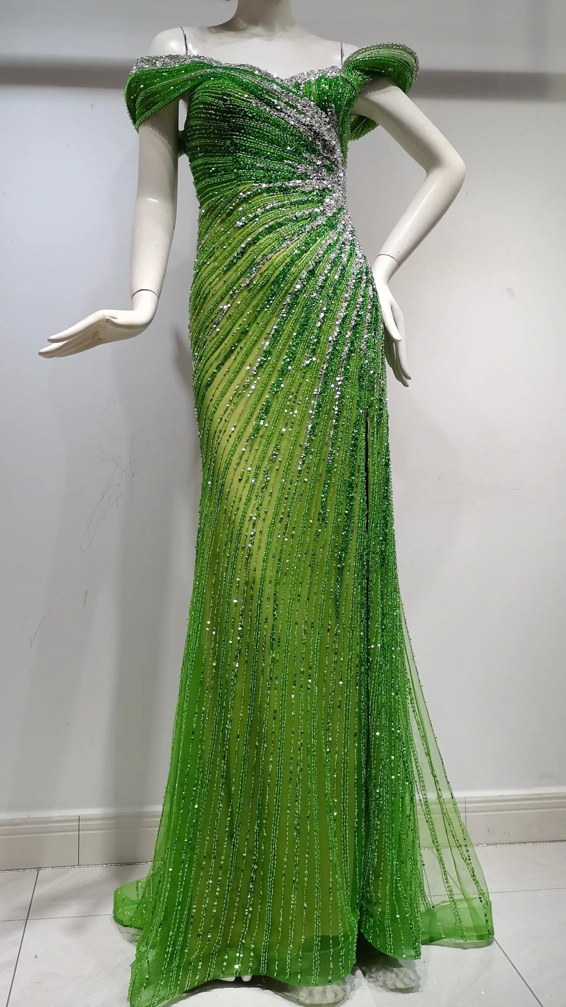Emerald Enchantment Off-Shoulder Beaded Evening Gown